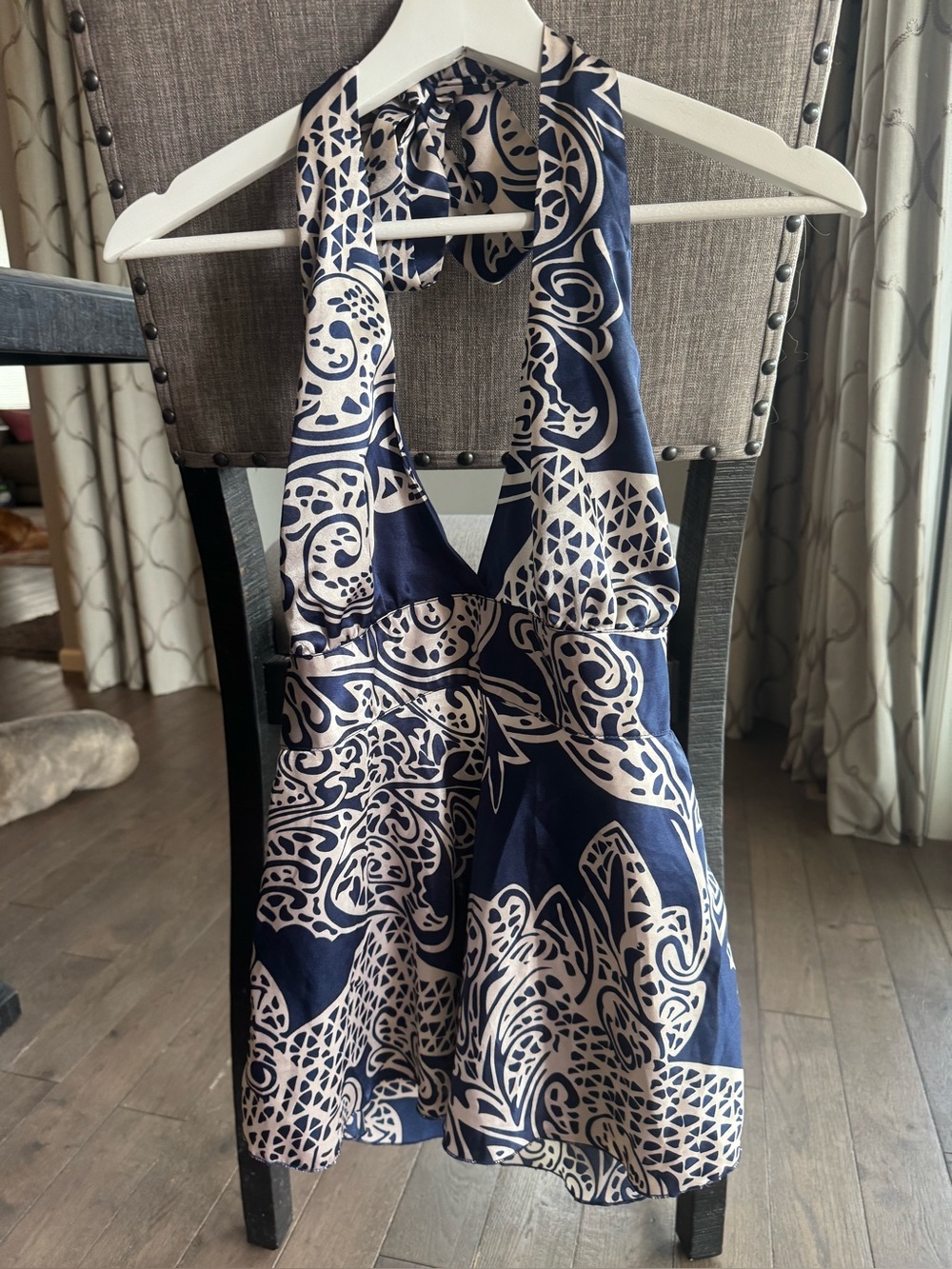 Wet Seal Navy and White Halter Dressy Tank with Decorative Print